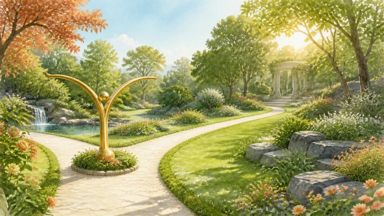 花园岔路中央立着金色树枝状雕塑，两条小径通往不同方向