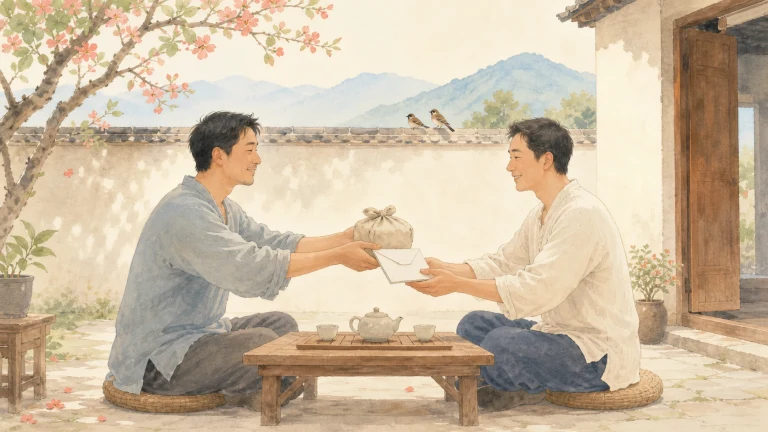 春日庭院里，两名男子隔着茶桌递交一只扎好的布包