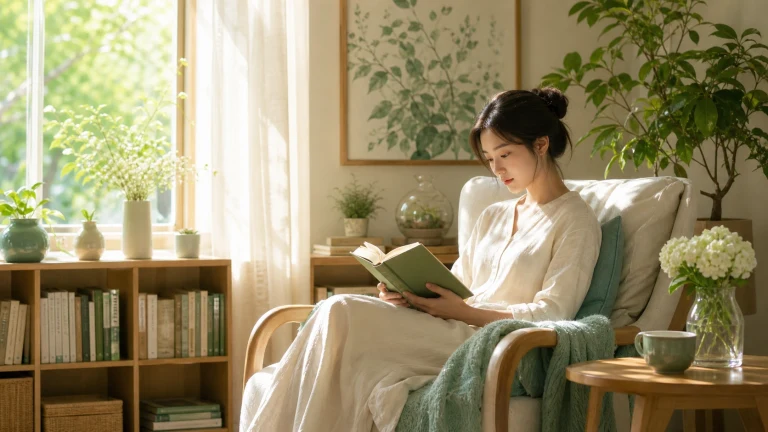 女子坐在阳光客厅的扶手椅上安静阅读绿色书本