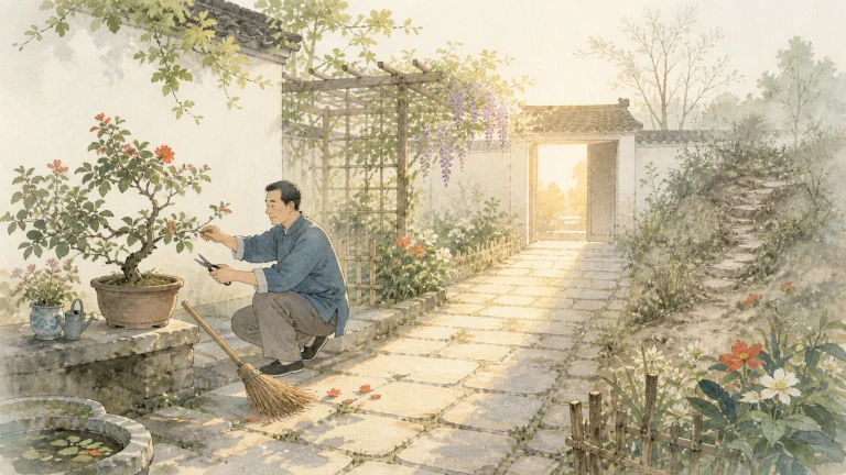 男子在庭院石径旁修剪盆栽花木，扫帚靠在矮墙边