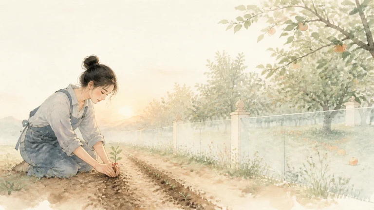 女子跪在乡间菜地里，将红叶幼苗栽入整齐土垄