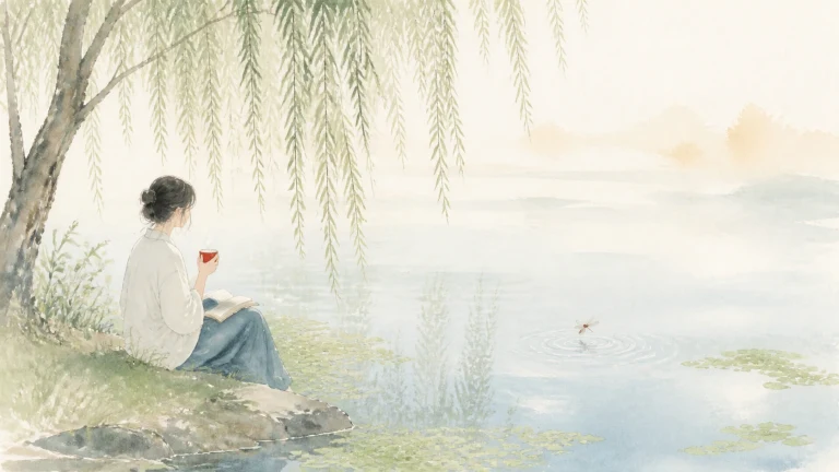 女子坐在柳树下的湖岸边，手捧红杯静看水面
