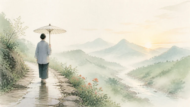 撑伞旅人独自走在云雾笼罩的山间湿滑石路上