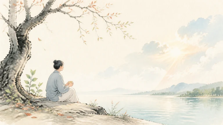 一人盘坐在湖畔老树下，面向晨光中的远山静心