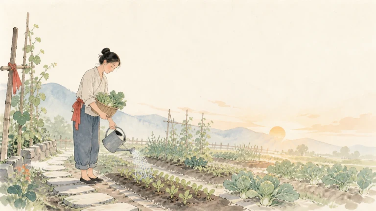 女子提壶为整齐菜畦浇水，臂弯里挎着一篮蔬菜