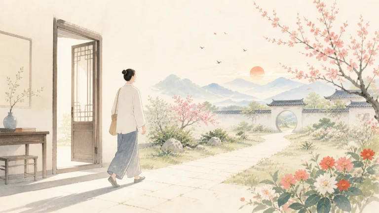 女子从屋内走向花开庭院，门外可见月洞门与远山