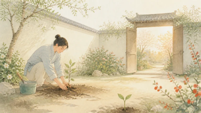 女子在花木庭院中俯身栽种幼苗，敞开木门通向阳光小路