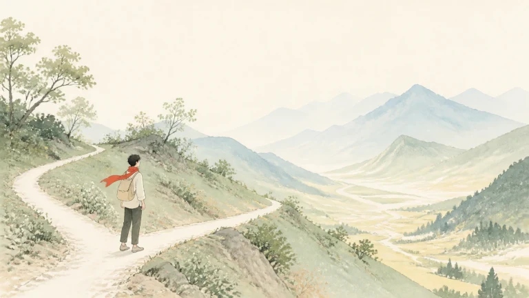披红围巾的旅人站在高山岔路口，望向层叠山谷
