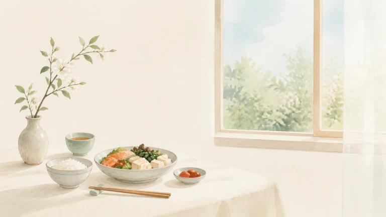 明亮窗边餐桌摆着米饭、汤、蔬菜和一盘荤素菜肴