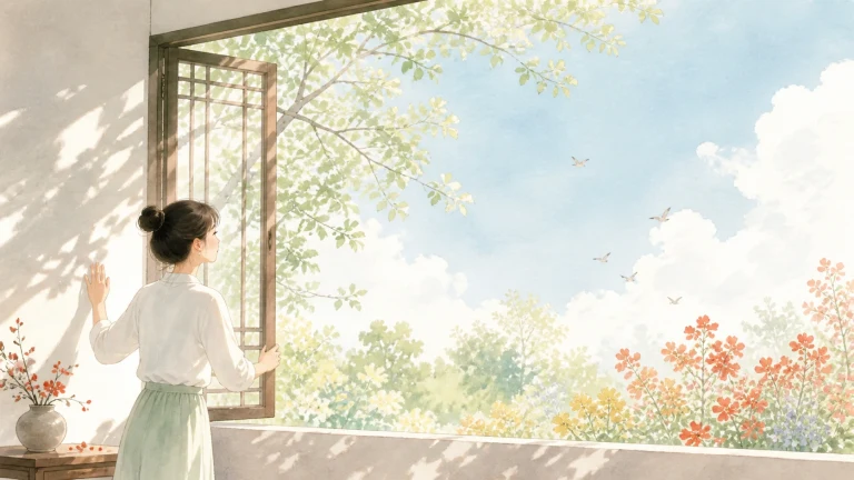女子推开窗户迎接晴朗晨光，窗外花木繁盛、飞鸟掠过