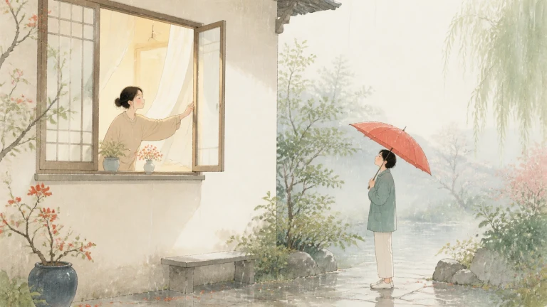 细雨庭院中，撑红伞的女子站在窗外与屋内女子相望