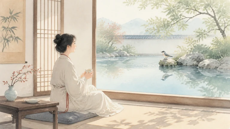 女子坐在中式庭院水池边静心，池中岩石停着一只小鸟