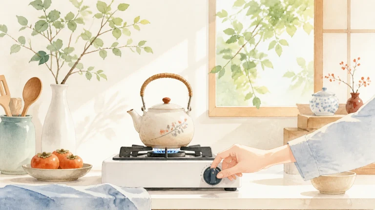 明亮厨房里，一只手调节炉火加热印花茶壶