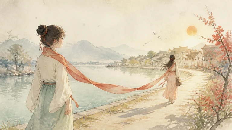 湖畔小路上，两名女子渐行渐远，长红丝带连接着彼此