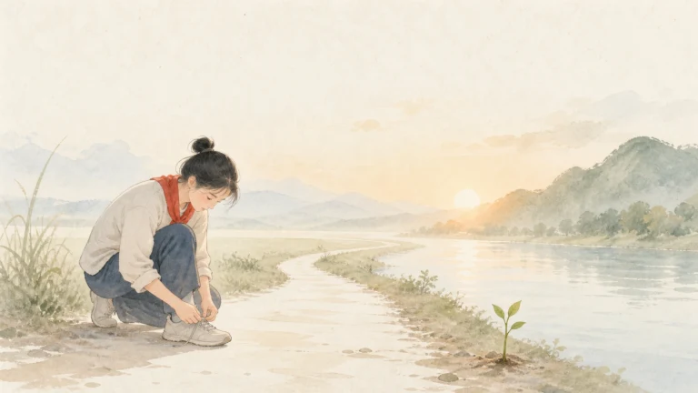 女子蹲在湖畔小路边系鞋带，身旁长着一株绿色嫩苗