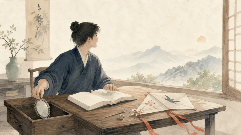 古风女子坐在山景窗前的书桌旁，手持圆镜望向远方
