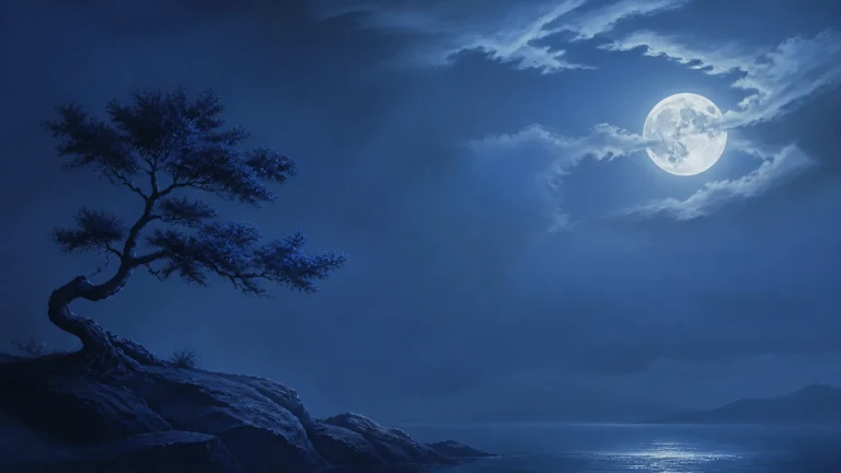 满月照亮深蓝海面，岸边孤松在云夜中形成剪影