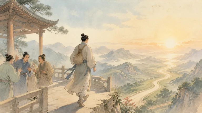 背包女子离开山顶亭阁众人，沿夕阳照亮的盘山路启程