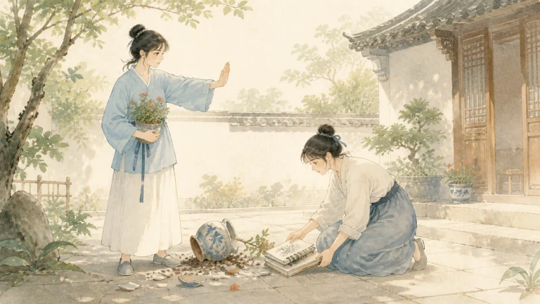 庭院里，一名女子抬手示意，另一人跪地收拾打碎的花盆与泥土