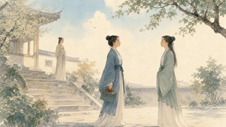 中式庭院中，两名古风女子相对交谈，另一人站在台阶上等候