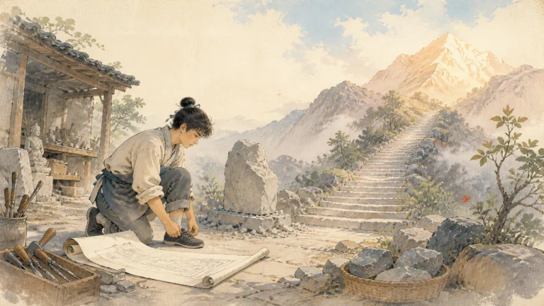 女石匠在通往高山的石阶旁依据图纸雕琢岩块