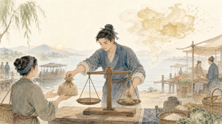 水彩集市摊前，商贩用木秤称量布袋并交给提篮顾客