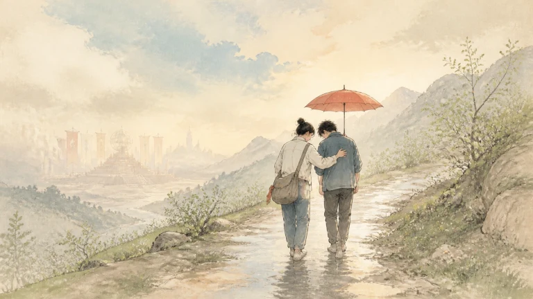 一对男女共撑红伞走在雨后山路上，远方城市隐在雾中