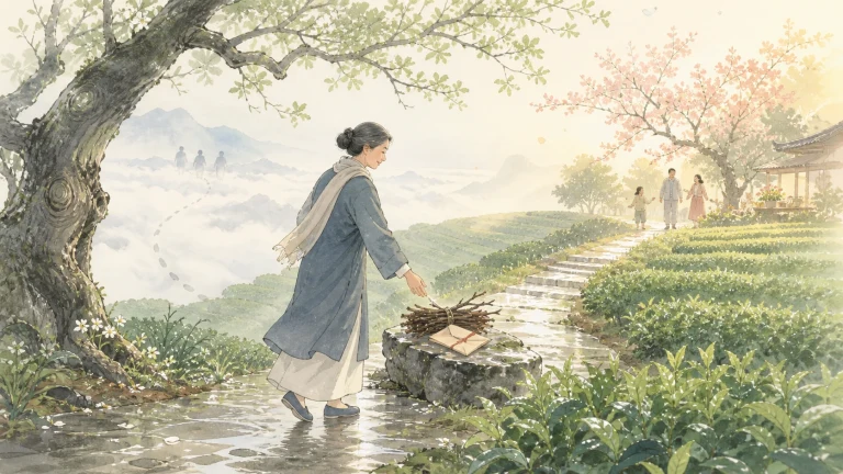 茶山小径上，女子提着成束植物走过浅水，远处几人正在等候
