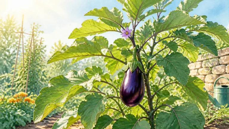 菜园里一株茂盛茄子开着紫花，并结出饱满紫色果实