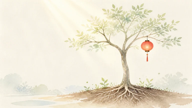根系裸露的树上挂着一盏红灯笼，周围长出细小嫩芽