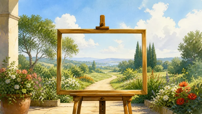 花园画架上立着空白木框，框内恰好呈现远方小径风景