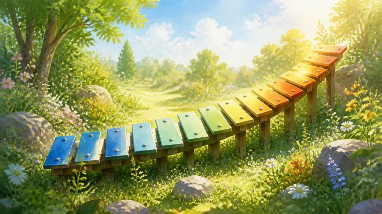 彩色木琴板组成一座起伏小桥，横跨阳光花园草地