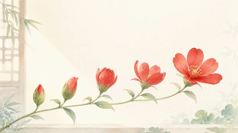 一根枝条上的山茶花从花苞依次展开成鲜红花朵