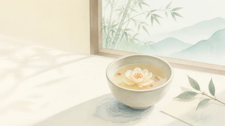 山景窗边的浅色茶碗里漂着一朵白花与几片花瓣