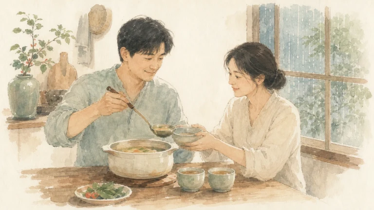 一对男女在窗边共同盛煮好的汤，桌上摆着配菜与茶杯