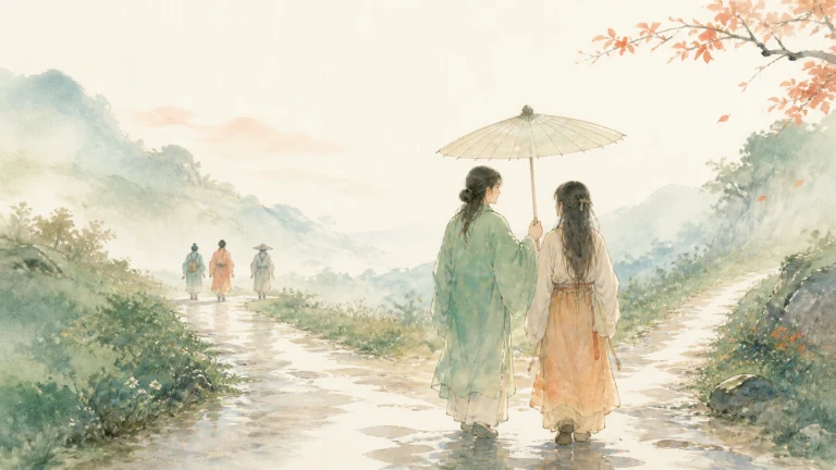一对男女共撑纸伞走在雨后山路岔口，远处另有行人