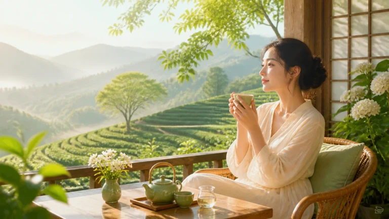 女子坐在茶山露台上双手捧杯，眺望晨光中的层层茶园