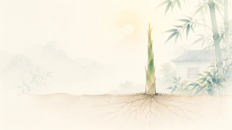 竹林旁一根竹笋破土而出，细密根系在土层下展开