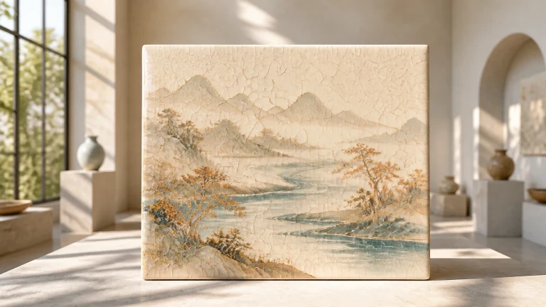 展厅中央立着一块绘有河谷山水的浅褐色陶瓷板