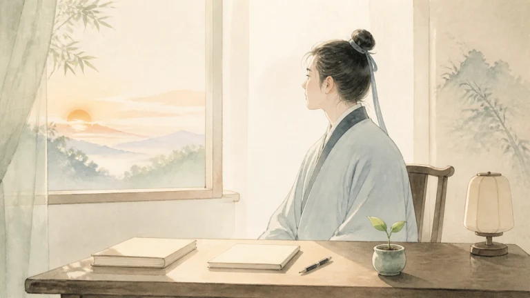 身着传统长衣的女子坐在山景窗前书桌旁，望向窗外，桌上放着书本、笔和嫩芽盆栽