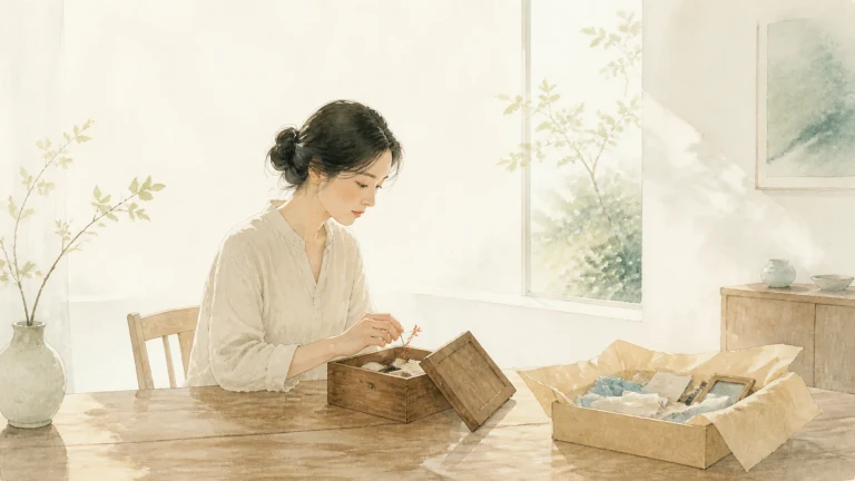 女子在桌边查看打开的小木盒，旁边的大纸箱里装着蓝白色包裹