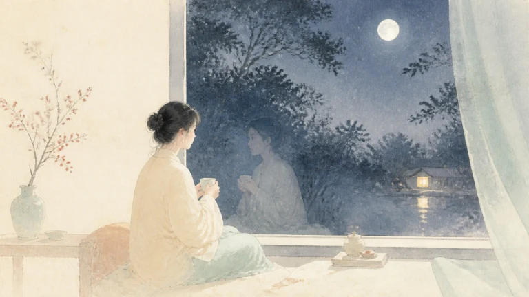 月夜里，女子手捧杯子坐在敞开的窗前，玻璃上映出她的身影，窗外亮着灯笼
