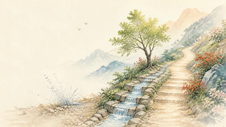 高山石径沿层叠水渠向上延伸，路旁生长着孤树和红花