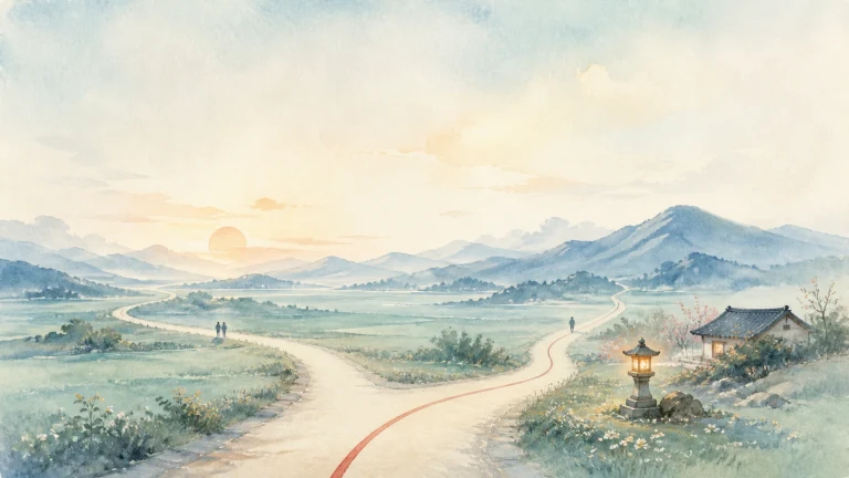 水彩山谷中的道路分成两条，红色路线分别伸向远方，路上有渺小行人