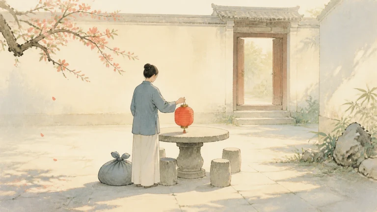 安静庭院里，女子站在石桌旁扶着红灯笼，地上放着行囊，院门敞开