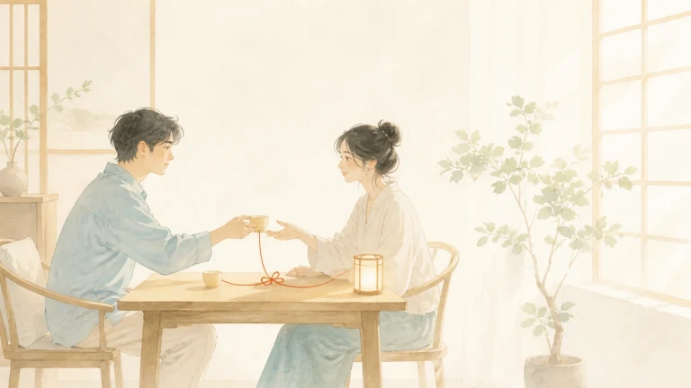 男子与女子隔桌而坐，男子向女子递出杯子般的小物，桌上放着红绳，旁边亮着灯笼