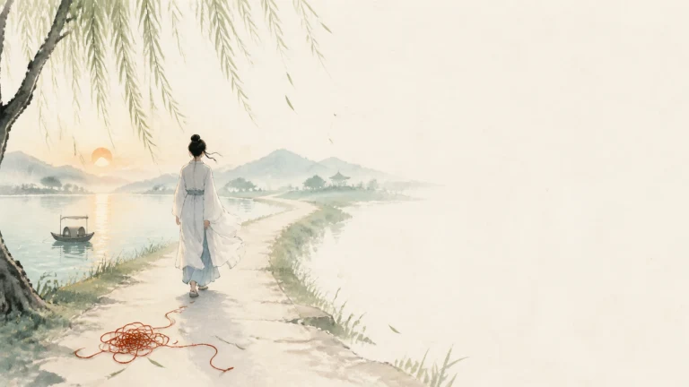 女子沿湖边小路走向落日，身后的路面散落着一团红绳