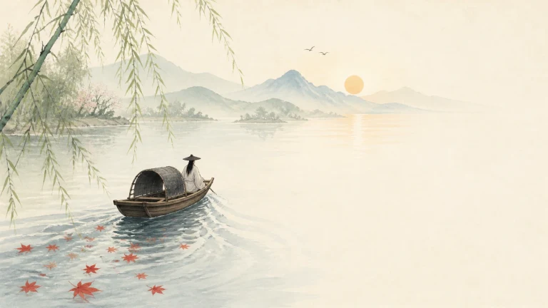 船夫划着带篷小舟驶过晨光中的湖面，水上漂着红叶