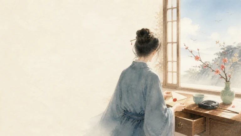 身着蓝色长衣的女子坐在窗前书桌旁阅读纸张，桌上摆着砚台和花枝