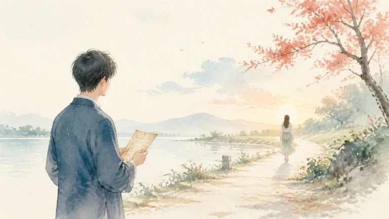 男子手持信纸站在湖边小路上，望着女子走向夕阳